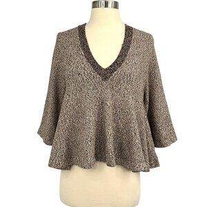 Apiece Apart V Neck Crop Sweater Brown Size M Knit Flounce Hem 3/4 Sleeve